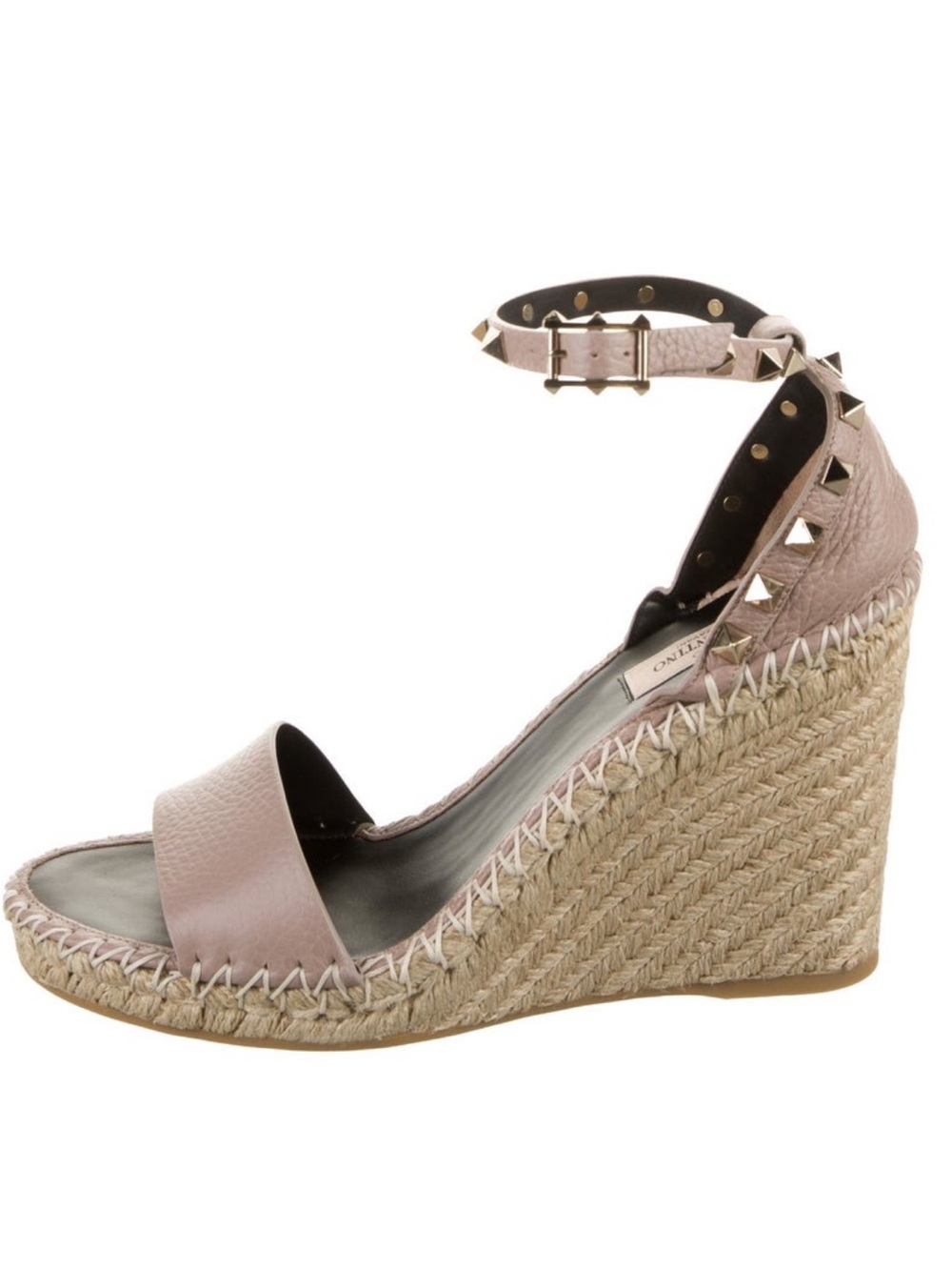 Valentino Blush Leather Studded Ankle-Strap Wedge Espadrilles